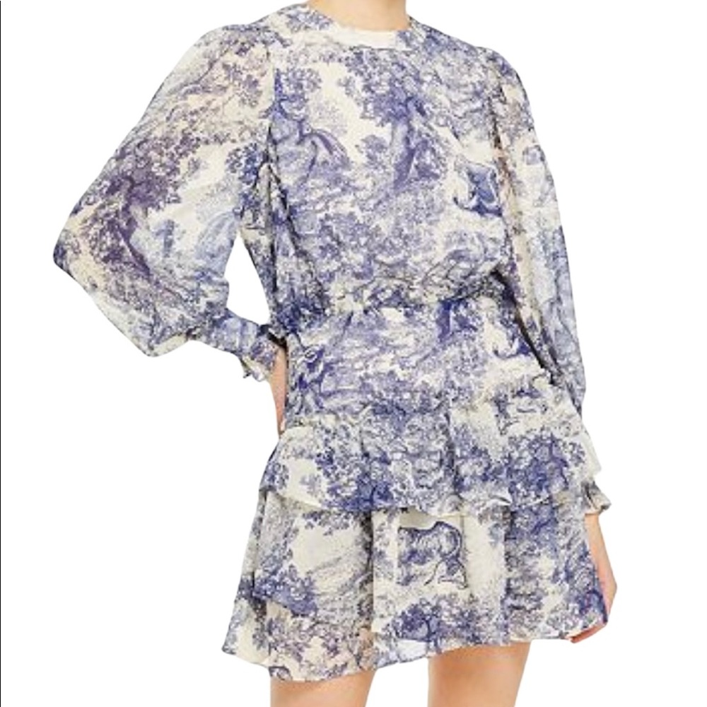 Aqua Toile Print Ruffled Long Sleeve Mini Dress S